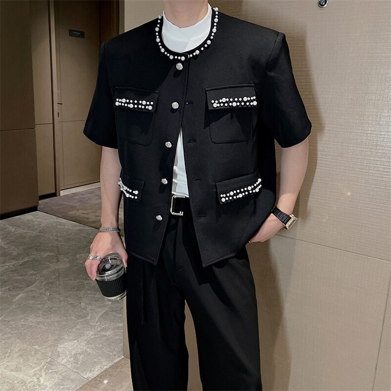 夏季高级感网红小香风珍珠轻奢短袖夹克外套男痞帅上衣JK2368P108,男装夹克,电商B267
