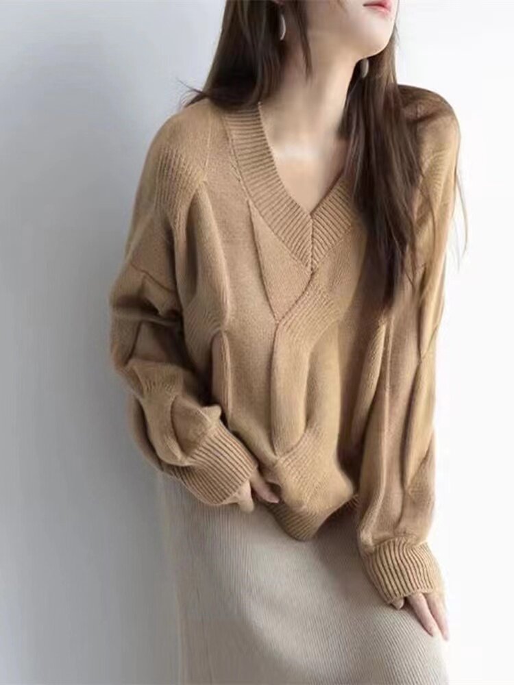 欧货针织衫V领长袖T恤大码女装春秋新款宽松打底衫中长款上衣,针织衫/毛衣,半城羊绒
