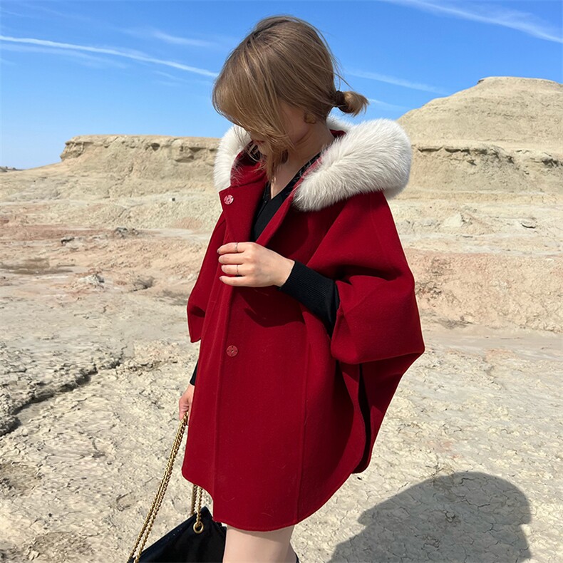 魔女斗篷！奢华狐狸毛领双面纯羊毛大衣女气质秋冬高端羊绒呢外套,女装双面呢大衣,蒙绒特