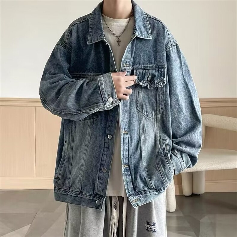 得物品质秋款男牛仔夹克渐变色流苏宽松休闲外套J002P65,男装夹克,星座1013-1