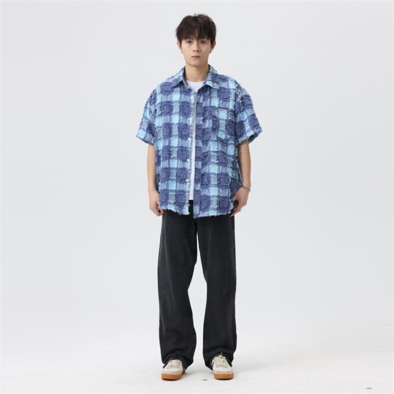 盐系男友风衬衫男小香风外套短袖上衣流苏格子衬衣夏季C2085-P45,男装衬衫,星座210-1