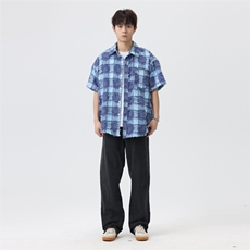 盐系男友风衬衫男小香风外套短袖上衣流苏格子衬衣夏季C2085-P45，男装衬衫，星座210-1