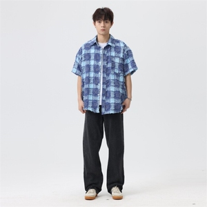 盐系男友风衬衫男小香风外套短袖上衣流苏格子衬衣夏季C2085-P45图片