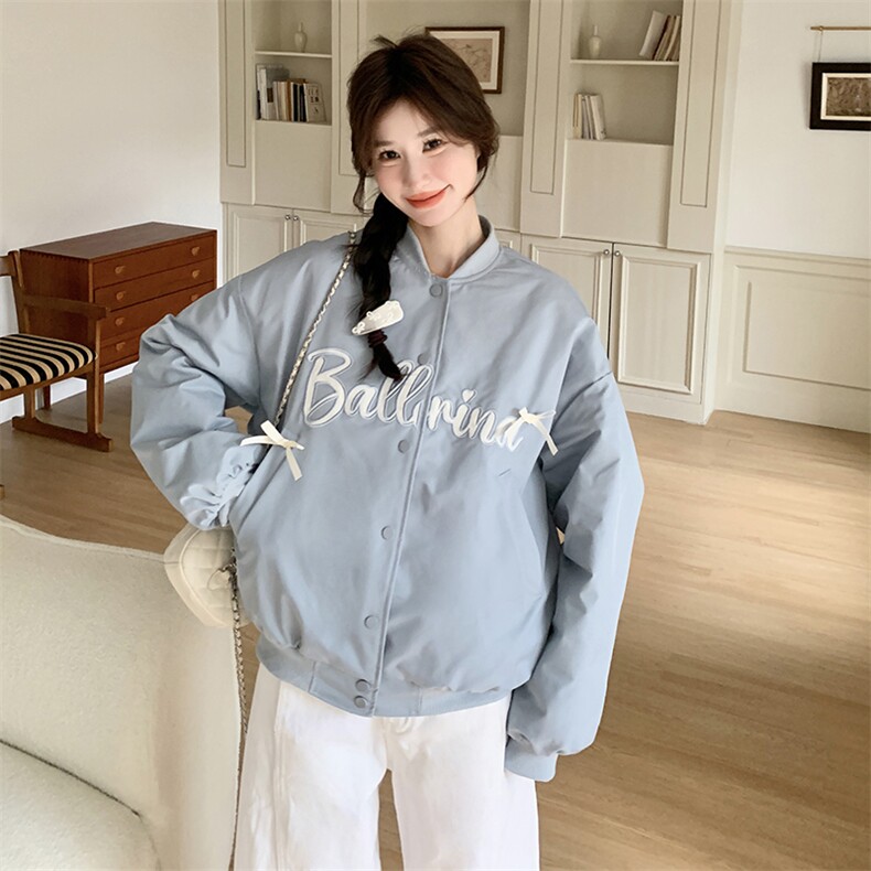蓝色韩系chic别致字母刺绣棒球服女2025秋新款减龄蝴蝶结时尚外套,女装短外套,2C176