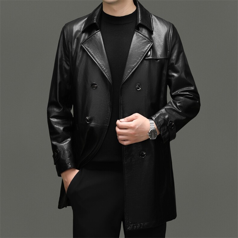 BG-X7805秋款海宁男式头层牛皮真皮皮衣男大翻领修身休闲风衣，男装风衣，电商B360A（原721A）