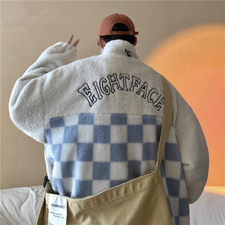 棋盘格基础羊羔毛衣港风情侣款衣202-8-Y007-P108-控138,男装棉衣,星座222-2（原202-8）