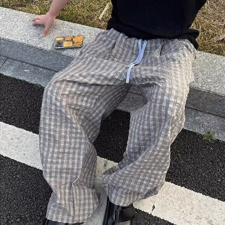 夏季新款男士百搭休闲裤韩版肌理感潮流休闲直筒格子裤AAK58-P49，男装休闲裤，星座208-5