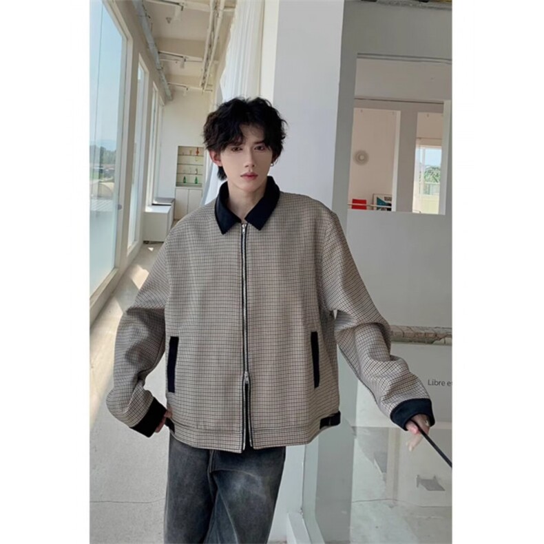 网络图现货秋装新款短款外套夹克衫格子拼接松弛感男RN1188-P78,男装夹克,星座1005-6