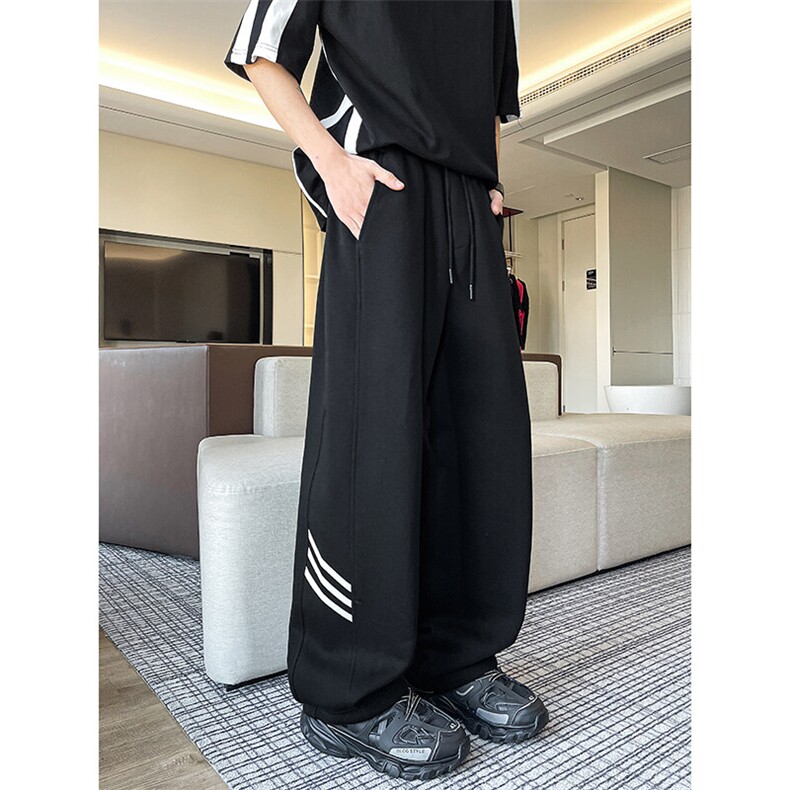 8XL-M重磅条纹运动卫裤特大码阔腿直筒长裤三条杠休闲裤KZ1946P55,男装休闲裤,电商B238
