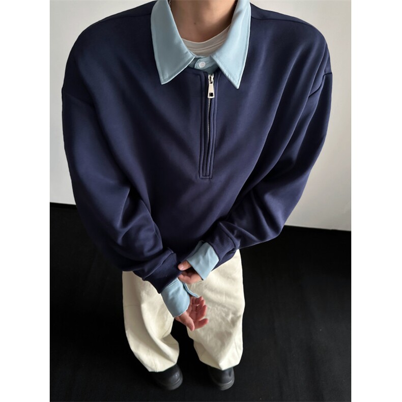 WY810-尺码M-3XL-P50-撞色衬衫领假两件cleanfit套头半拉链卫衣，男装衬衫，星座1811B