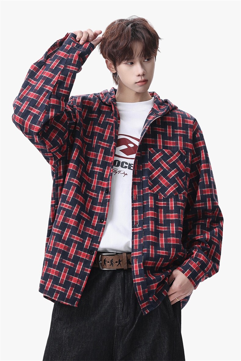 衬衫男春季新款港风宽松连帽大码格子长袖衬衣CS1982-P42,男装衬衫,星座214-3