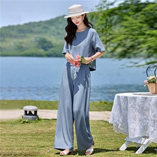 现货套装女2026年夏季新款时尚气质天丝牛仔轻薄阔腿裤两件套，女装套装/套裙，关键词