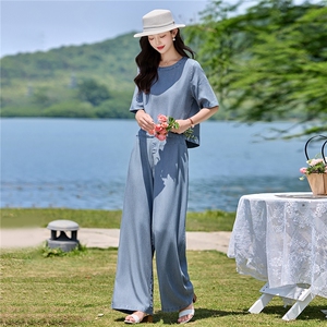 现货套装女2026年夏季新款时尚气质天丝牛仔轻薄阔腿裤两件套图片
