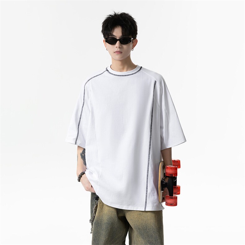 美式复古高级感短袖T恤男女宽松明线设计半袖T3608-P25【特价】,男装T恤,电商A007