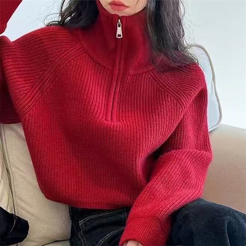 秋冬新款韩版宽松立领设计感半拉链短款拉链加厚短款针织衫毛衣女,针织衫/毛衣,萱芳婷羊绒