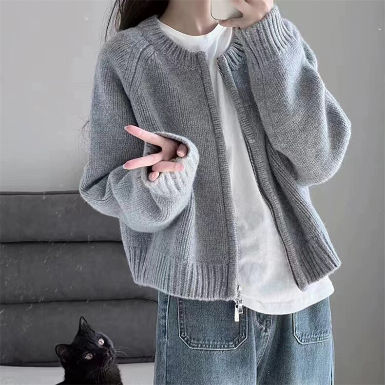 拉链毛衣开衫女针织衫圆领加厚羊毛外套小个子早秋chic上衣,女装羊毛衫,忠诺羊绒