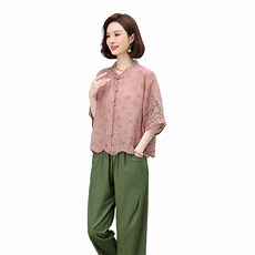 美衣重工刺绣双支苎麻衬衫女气质绣花衬衣春款长袖单排扣上衣蕾丝，女装衬衫，凝聚力