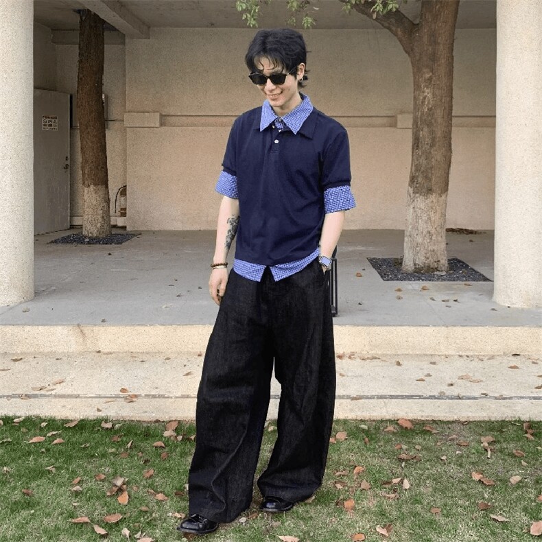 得物抖音高品质二开夏季美式潮牌高街假两件格子衬衣翻领短袖T恤,男装T恤,电商A486