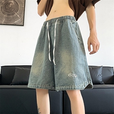 GENIOLAMODE美式复古水洗直筒牛仔裤夏季男士潮流宽松五分短裤子，男装牛仔裤，星座512-3