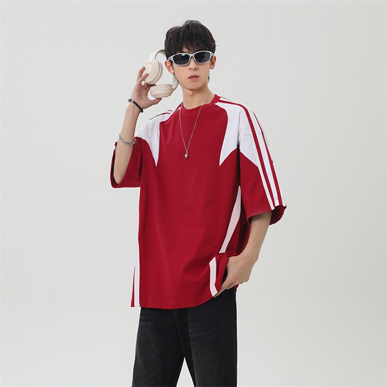 复古撞色拼接条纹t恤潮牌插肩袖黑色短袖男夏季25XT77227特批25,男装T恤,电商A042