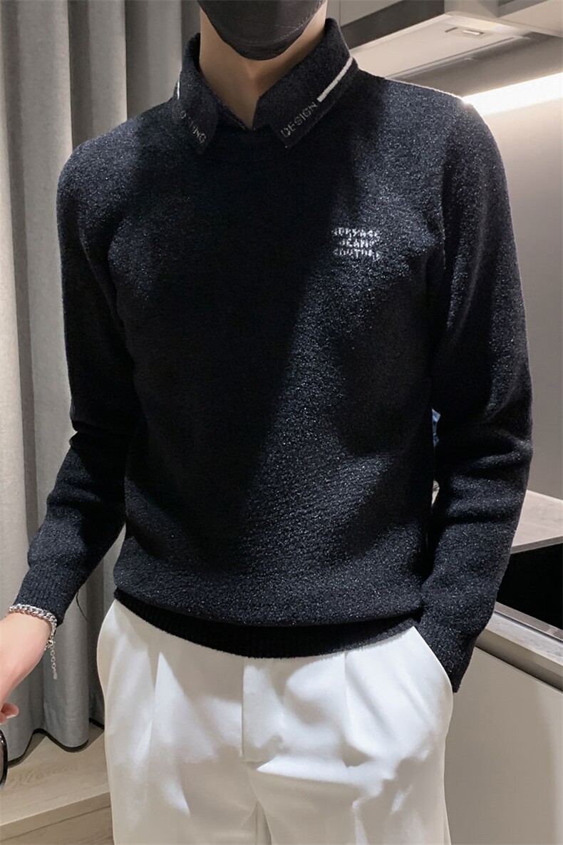 店主风小伙秋冬男修身衬衫领假二件针织毛衣301A-1/M66/P75控95,男装针织衫/毛衣,星座301A-1