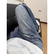 现货美式高街复古蓝破洞牛仔裤男水洗做旧直筒微喇裤WL4244-P48，男装牛仔裤，星座1008