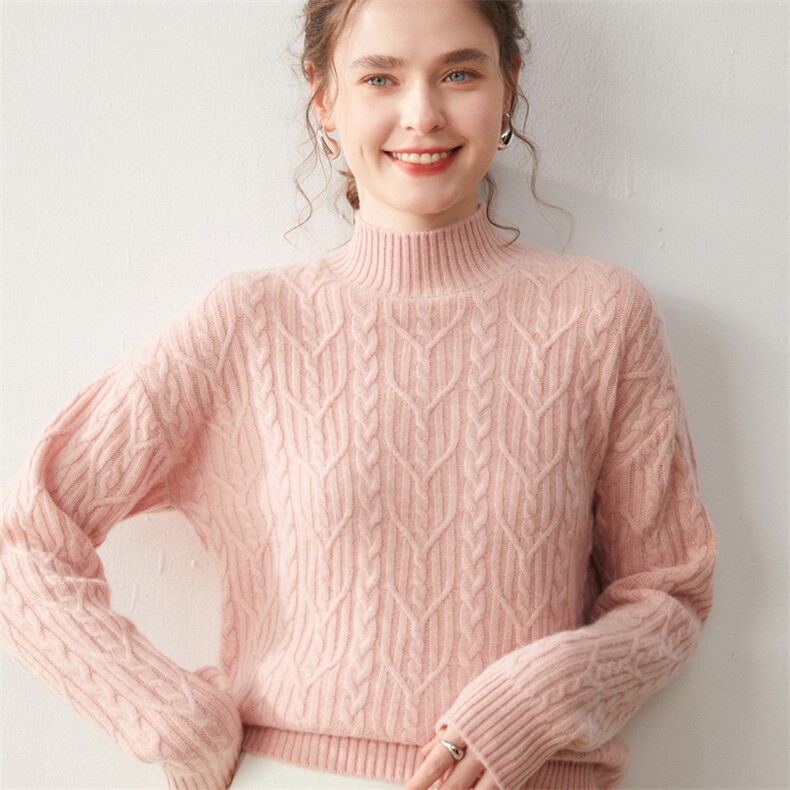 重工复古麻花羊绒衫女插肩毛衣2025秋冬新款半高领针织羊毛衫粉色，女装针织衫/毛衣，宛咚羊绒