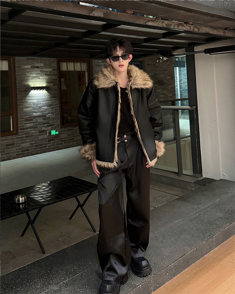 美拉德棕色毛毛拼接连帽外套美式扮演皮夹克棉服mj1093-p168图片