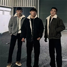 网图美拉德羊羔毛pu皮棉衣加绒加厚情侣棉服外套男H1166特P90，男装皮衣，电商A341
