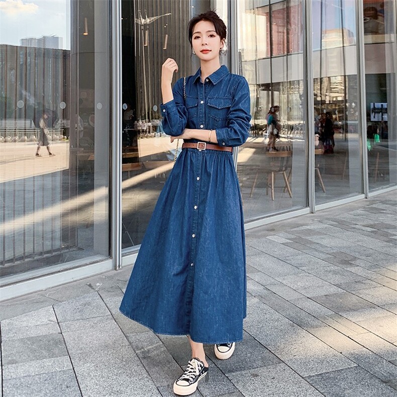 2022新品现货牛仔纯色长袖修身连衣裙1015-P130K188,女装连衣裙,浙宝305