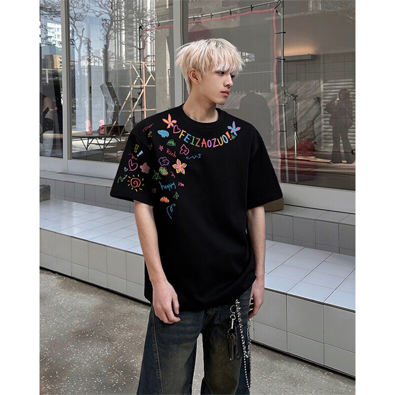卡通涂鸦印花短袖XT7167-TP2539美式高街潮牌创意半袖T恤男,男装T恤,电商A102