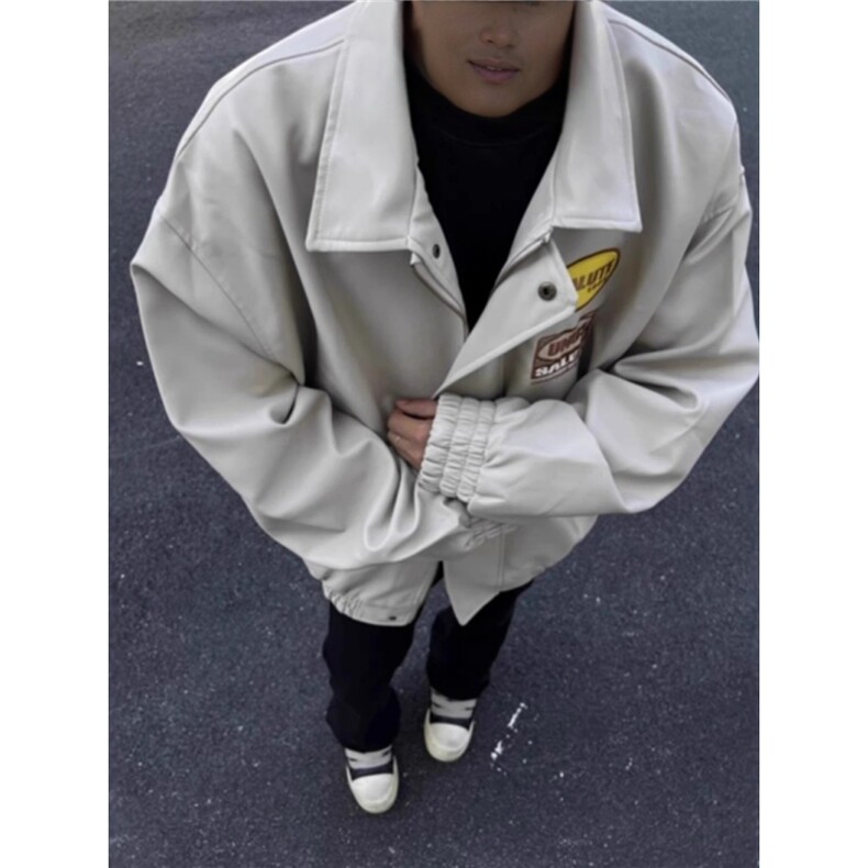 美式街头字母刺绣飞行员PU皮衣夹克男潮牌宽松情侣外套,男装皮衣,四季星座505