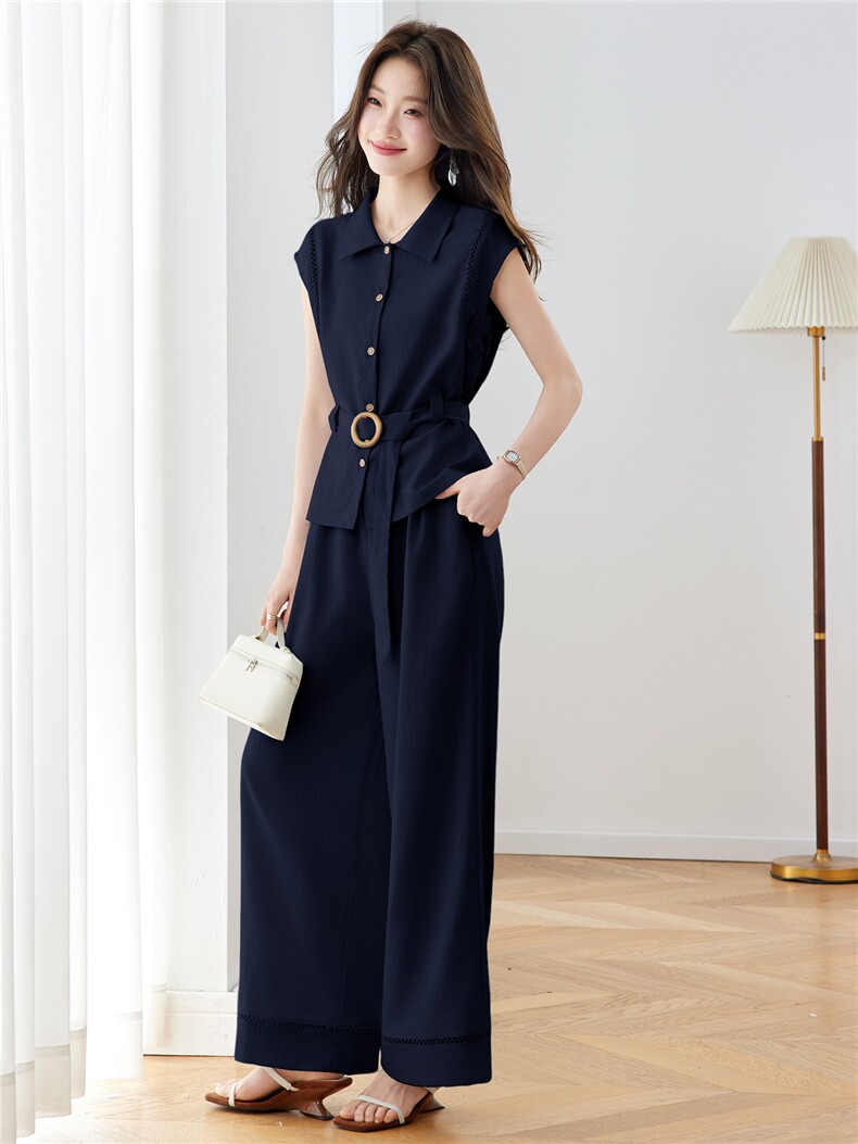 现货！休闲时尚套装女2026夏季新款气质收腰无袖上衣阔腿裤两件套,女装套装/套裙,沐七七
