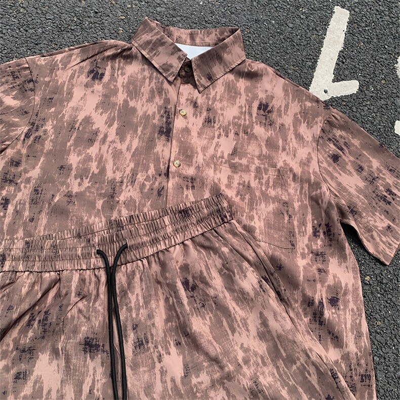 扎染新款套装男生夏季薄款短袖衬衫运动短裤中性风潮牌宽松两件套,男装衬衫,电商A007
