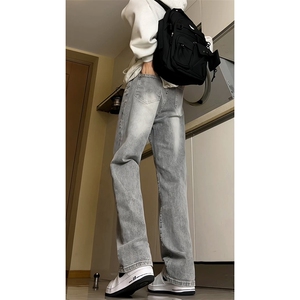 B221美式高街水泥灰弹力直筒牛仔裤LK24146-P60控79 加绒P70控99图片