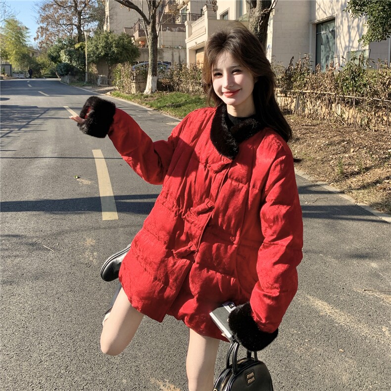 新中式红色毛绒拼接羽绒服女2025冬新款小个子时尚提花外套高级感,女装羽绒服,2C159