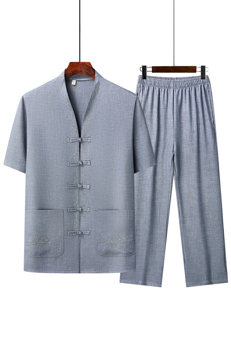 2025夏季薄款高端风绣花冰丝短袖衬衫唐装汉服套装802-P75,男装衬衫,星座1105-3