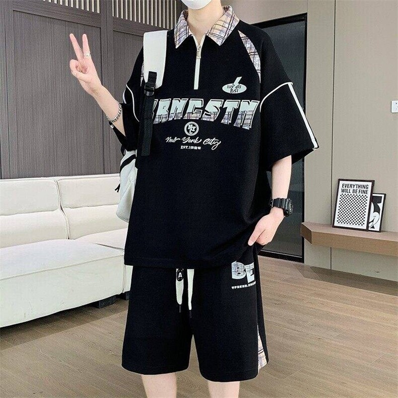 TZ25356-P60夏季休闲T恤短裤男两件套青少年学生运动短袖套装,男装牛仔裤,电商D310B
