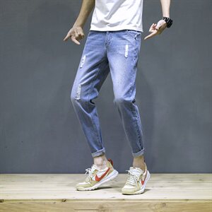 现货 九分裤2109春夏日系休闲小脚裤男韩版破洞牛仔裤潮图片