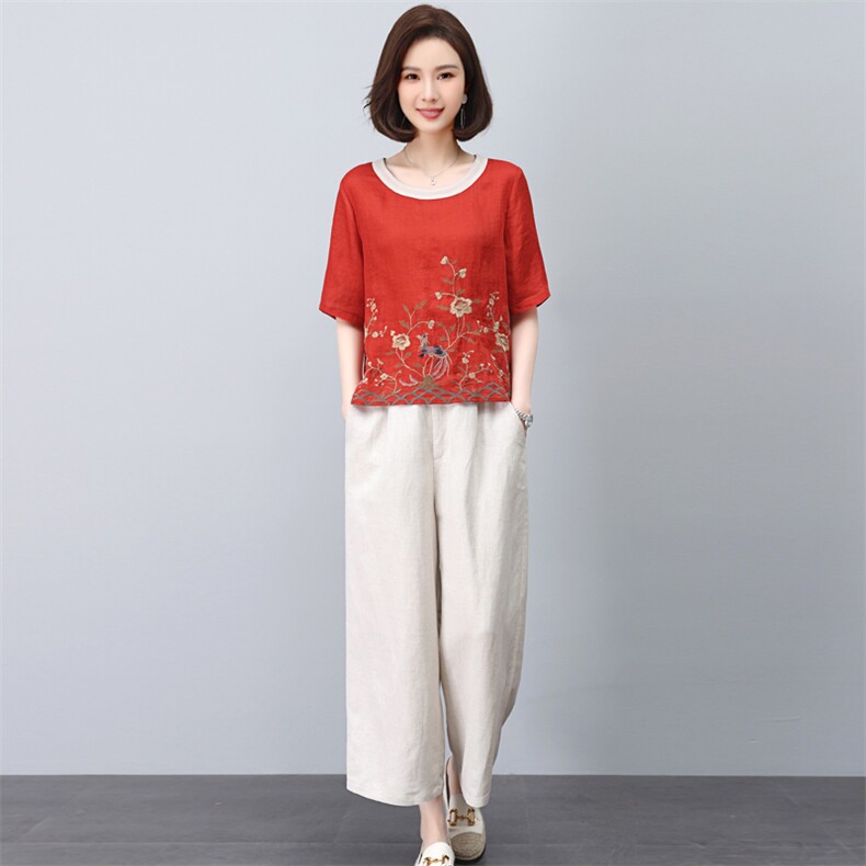 苎麻套装女夏2025新款中年妈妈宽松休闲时尚减龄棉麻阔腿裤两件套,女装套装/套裙,璐依舞
