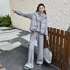 【bao款现货】2024新款冬装连帽休闲套装羽绒马甲三件套白鸭绒，女装套装/套裙，雅静靓衣