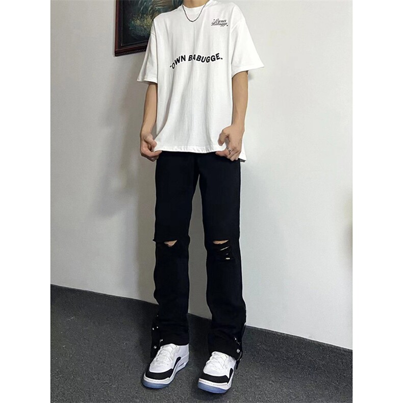 新款美式高街ins小众拉链排扣破洞休闲牛仔裤货号K642P6078,男装牛仔裤,电商A063