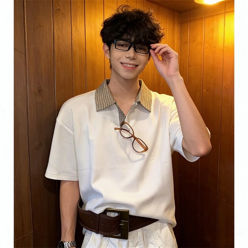 得物抖音高品质二开夏季美式潮牌假两件格子衬衫翻领高街短袖T恤,男装T恤,电商A486