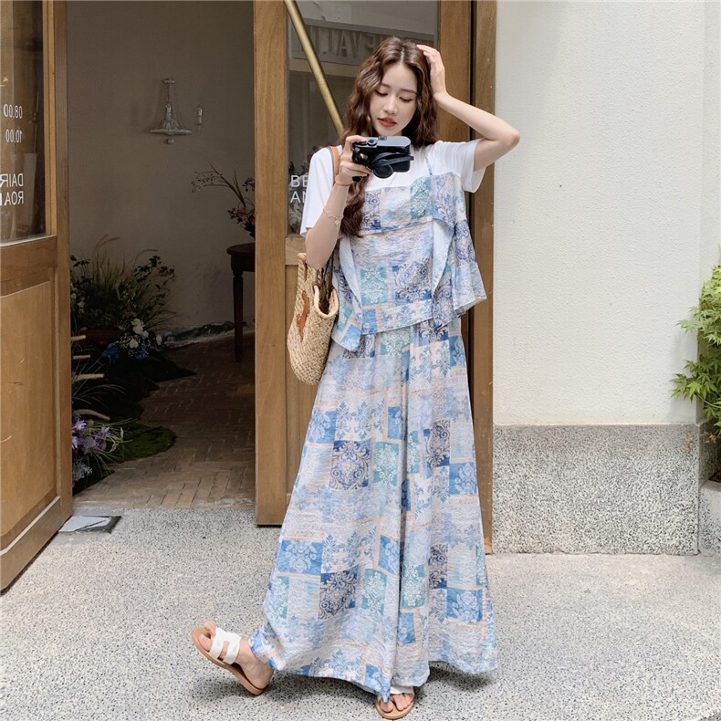 韩版印花假两件短袖阔腿裤套装女2025年夏季新款显瘦超好看两件套,女装套装/套裙,2C201