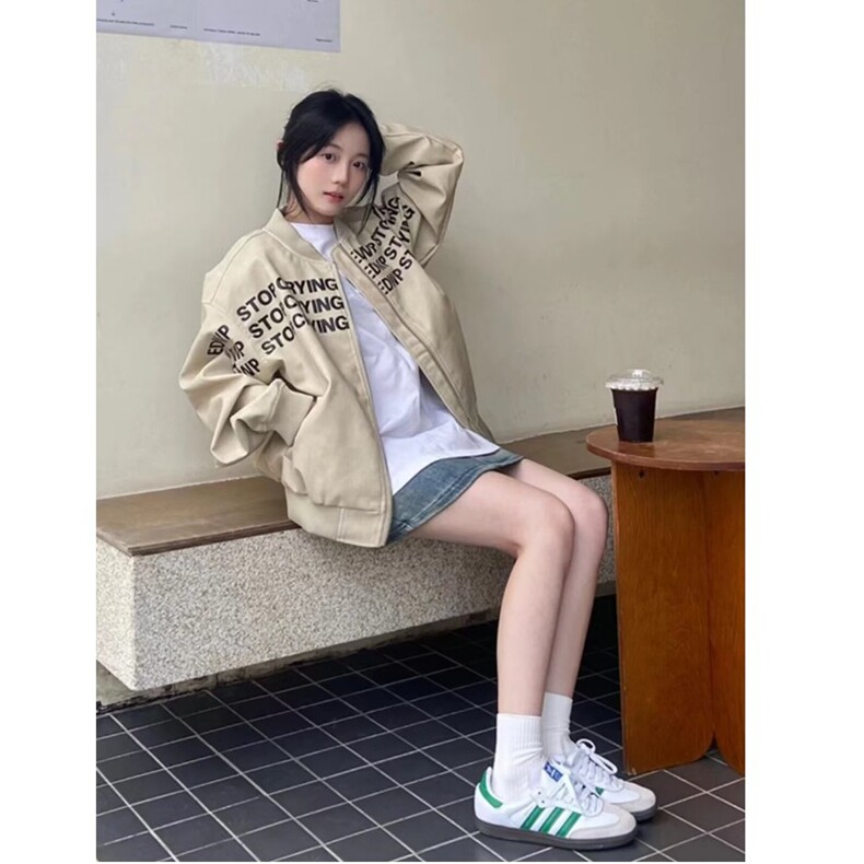 美式复古字母标语PU皮夹克男秋季cleanfit短款飞行外套小众设计感图片