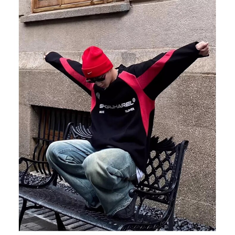 黑白拼接撞色赛车卫衣男款美式复古冰球服潮牌圆领外套 WT88图片