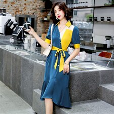 《主打款》简约百搭时尚休闲中长款修身显瘦拼色,女装连衣裙,海爱依仁