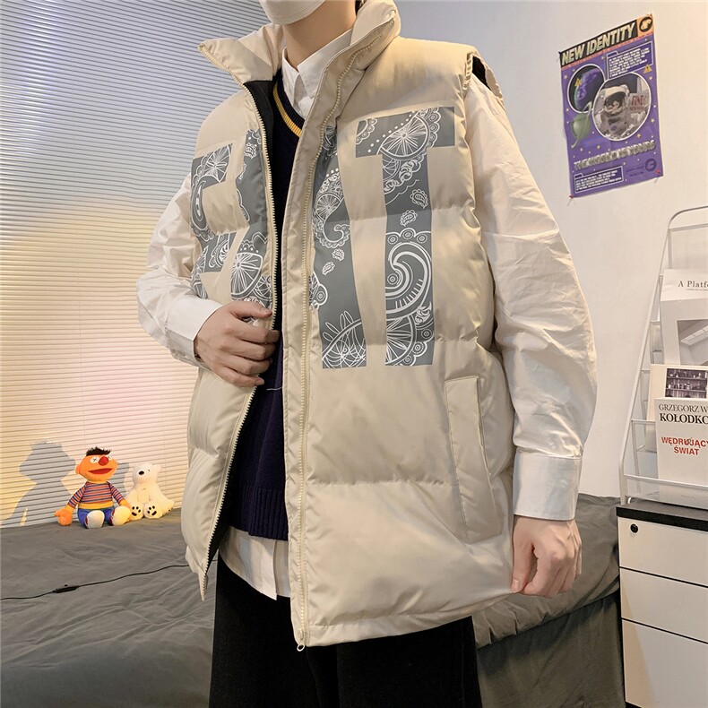 2026秋冬宽松立领印花羽绒棉马甲背心手塞棉 MJ17500/P75 卡其色2图片