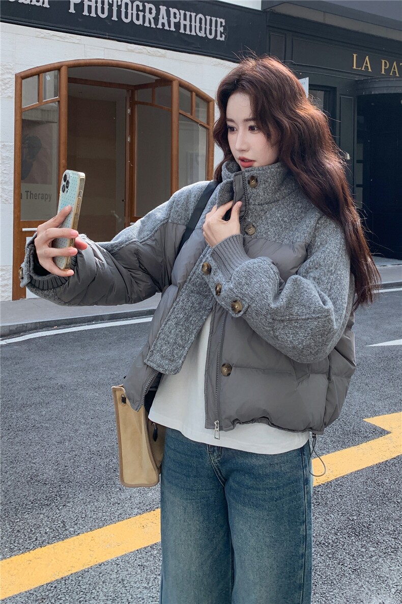 新品针织毛呢拼接短款羽绒服50白鸭绒2C271-9571-P245-K335,女装羽绒服,2C271