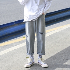 1008夏季新品破洞牛仔裤男直筒宽松老爹裤浅色九分潮流，男装牛仔裤，星座1008